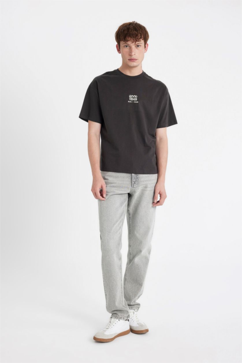 Kadın Antrasit Oversıze Bisiklet Yaka Baskılı Kısa Kollu Tişört