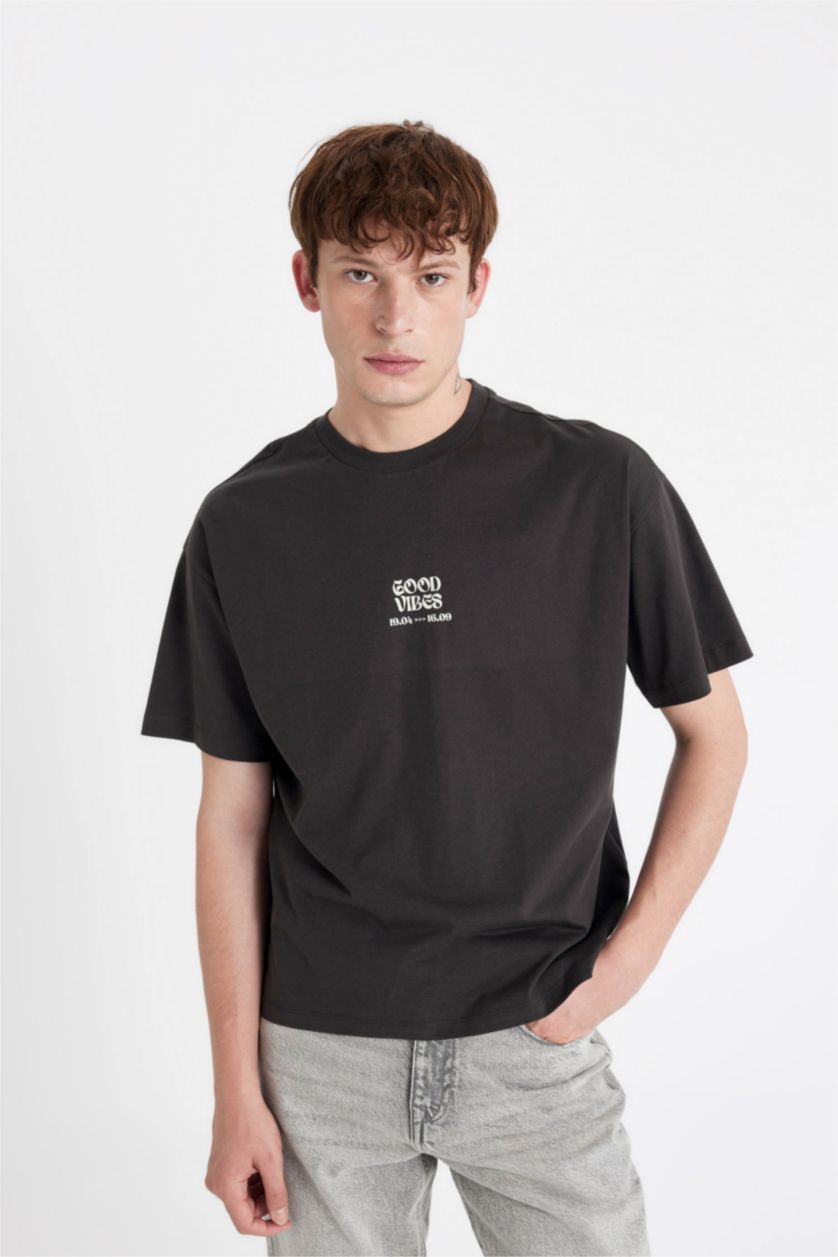 Kadın Antrasit Oversıze Bisiklet Yaka Baskılı Kısa Kollu Tişört