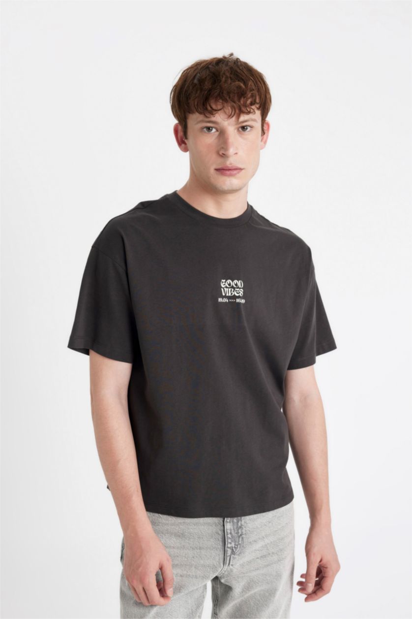 Kadın Antrasit Oversıze Bisiklet Yaka Baskılı Kısa Kollu Tişört