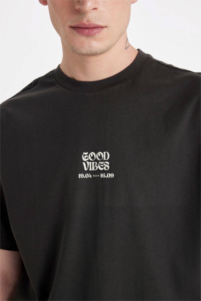 Kadın Antrasit Oversıze Bisiklet Yaka Baskılı Kısa Kollu Tişört