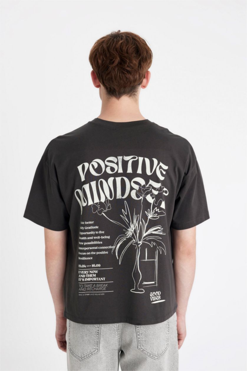 Kadın Antrasit Oversıze Bisiklet Yaka Baskılı Kısa Kollu Tişört