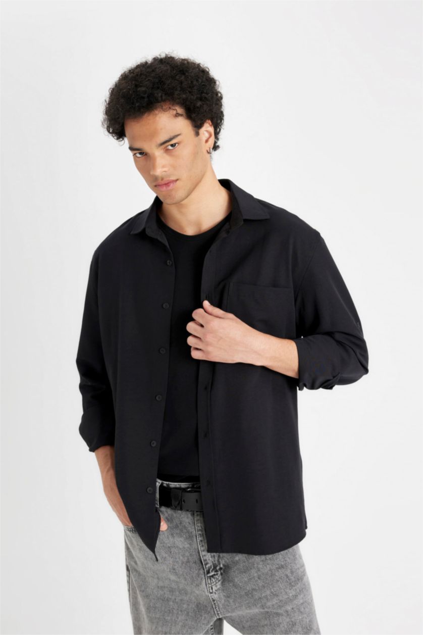 MAN Black Regular Fit Basic Cotton Blend Shirt