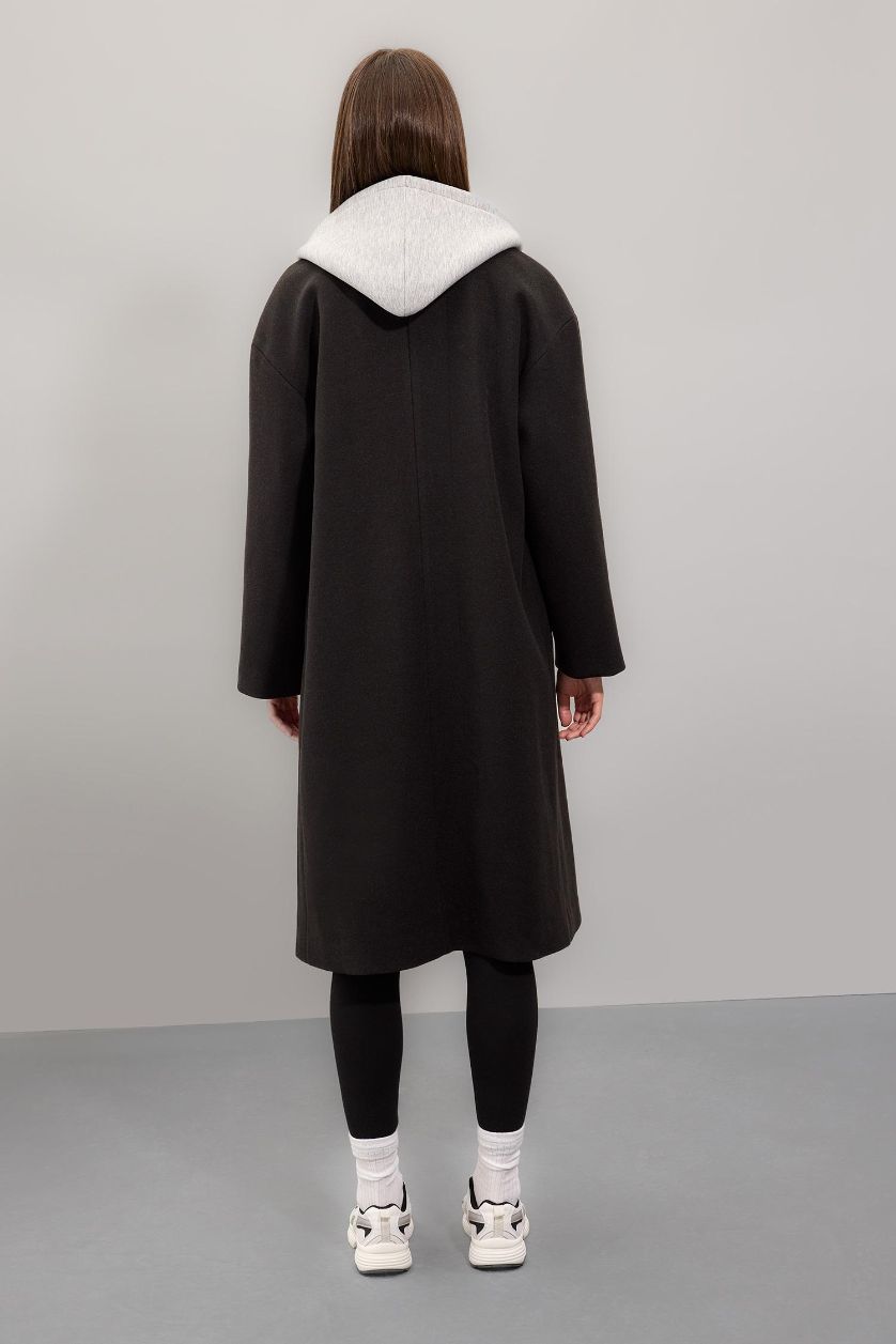 Kadın Siyah Regular Fit Kapüşonlu Düğmeli Kaşe Kaban 