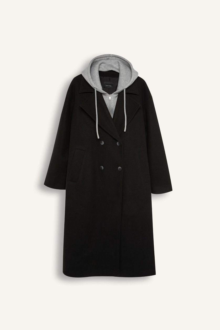 Kadın Siyah Regular Fit Kapüşonlu Düğmeli Kaşe Kaban 