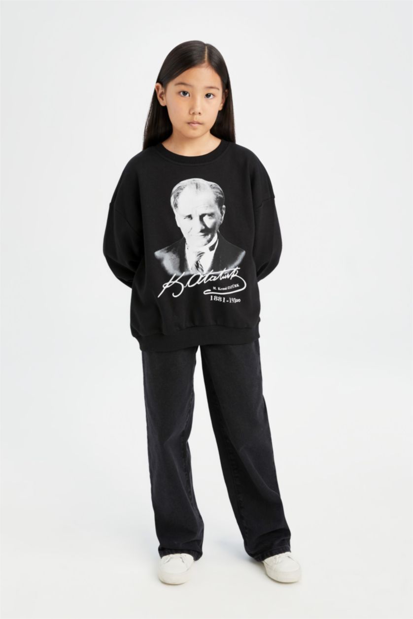 Kız Çocuk - Genç Kız Siyah Oversize Geniş Kalıp Bisiklet Yaka Atatürk Baskılı Sweatshirt Kız Çocuk