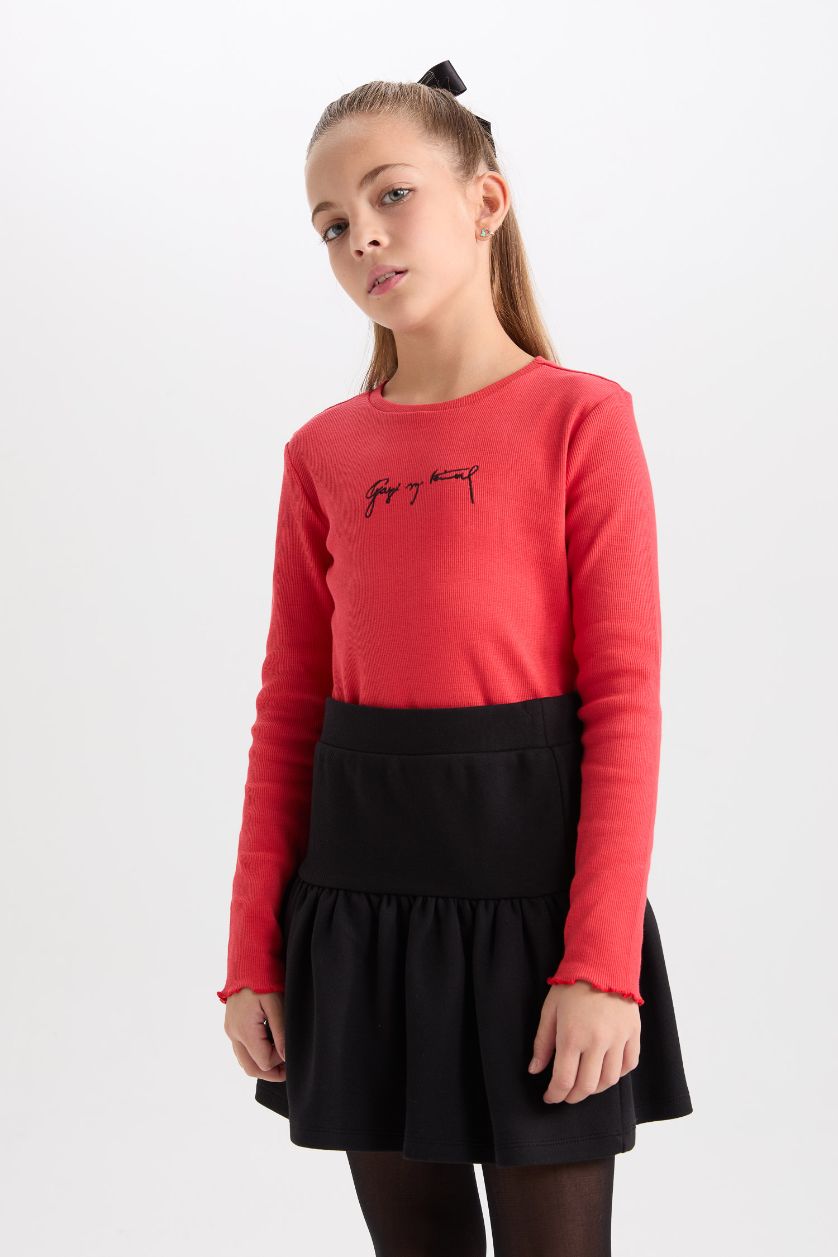 Kız Çocuk - Genç Kız Kırmızı 2'li Takım Bisiklet Yaka Atatürk Nakışlı Kırmızı Ribana Uzun Kollu Tişört Fiyonk Toka Kız Çocuk