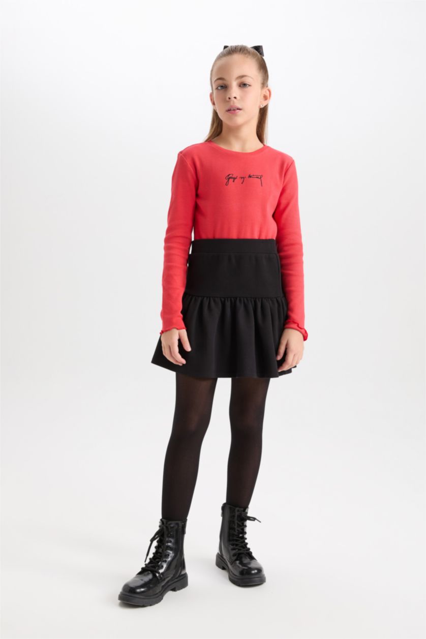 Kız Çocuk - Genç Kız Kırmızı 2'li Takım Bisiklet Yaka Atatürk Nakışlı Kırmızı Ribana Uzun Kollu Tişört Fiyonk Toka Kız Çocuk