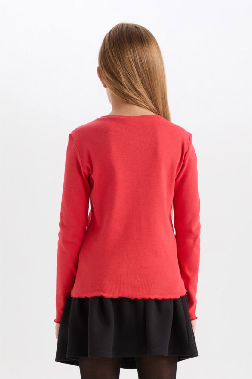 Kız Çocuk - Genç Kız Kırmızı 2'li Takım Bisiklet Yaka Atatürk Nakışlı Kırmızı Ribana Uzun Kollu Tişört Fiyonk Toka Kız Çocuk