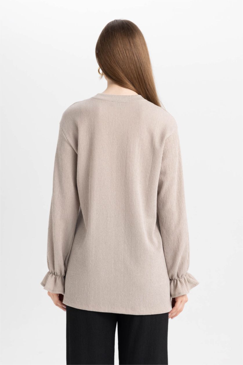 Kadın Kum Bisiklet Yaka Kol Ucu Lastikli Bürümcük Uzun Kollu Bluz Tunik