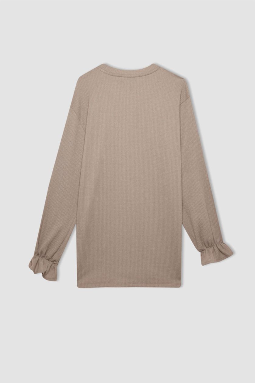 Kadın Kum Bisiklet Yaka Kol Ucu Lastikli Bürümcük Uzun Kollu Bluz Tunik