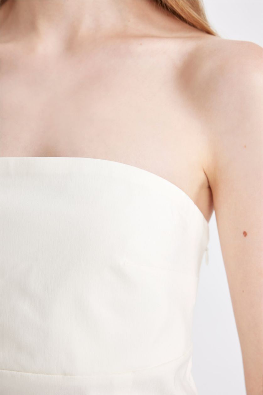 Kadın Kırık Beyaz Straplez Bengalin Beyaz Mini Elbise