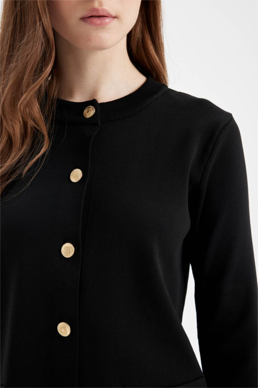 Kadın Siyah Bisiklet Yaka Basic Düz Düğmeli Cepli Triko Hırka