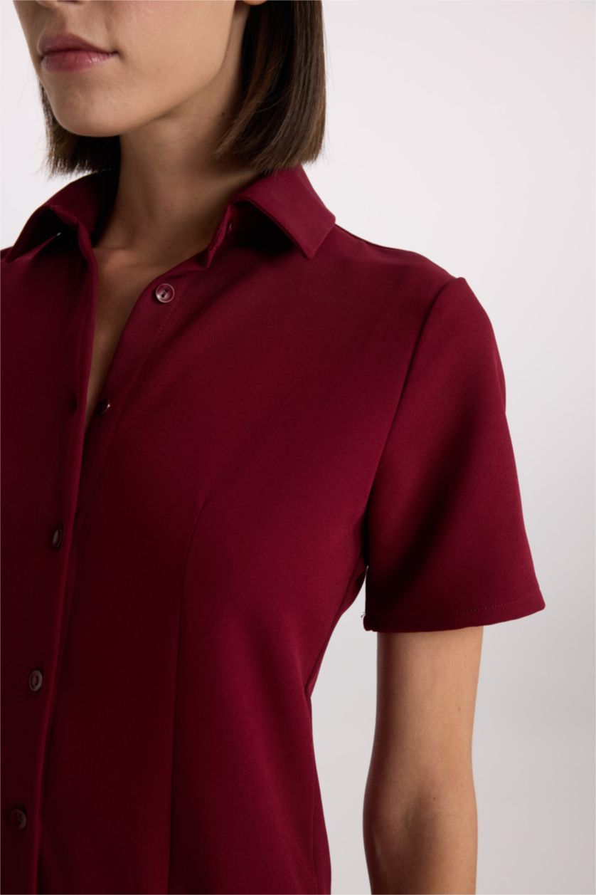 نساء خمري فستان قصير سادة نص ردن بياخة قميص وكسرات