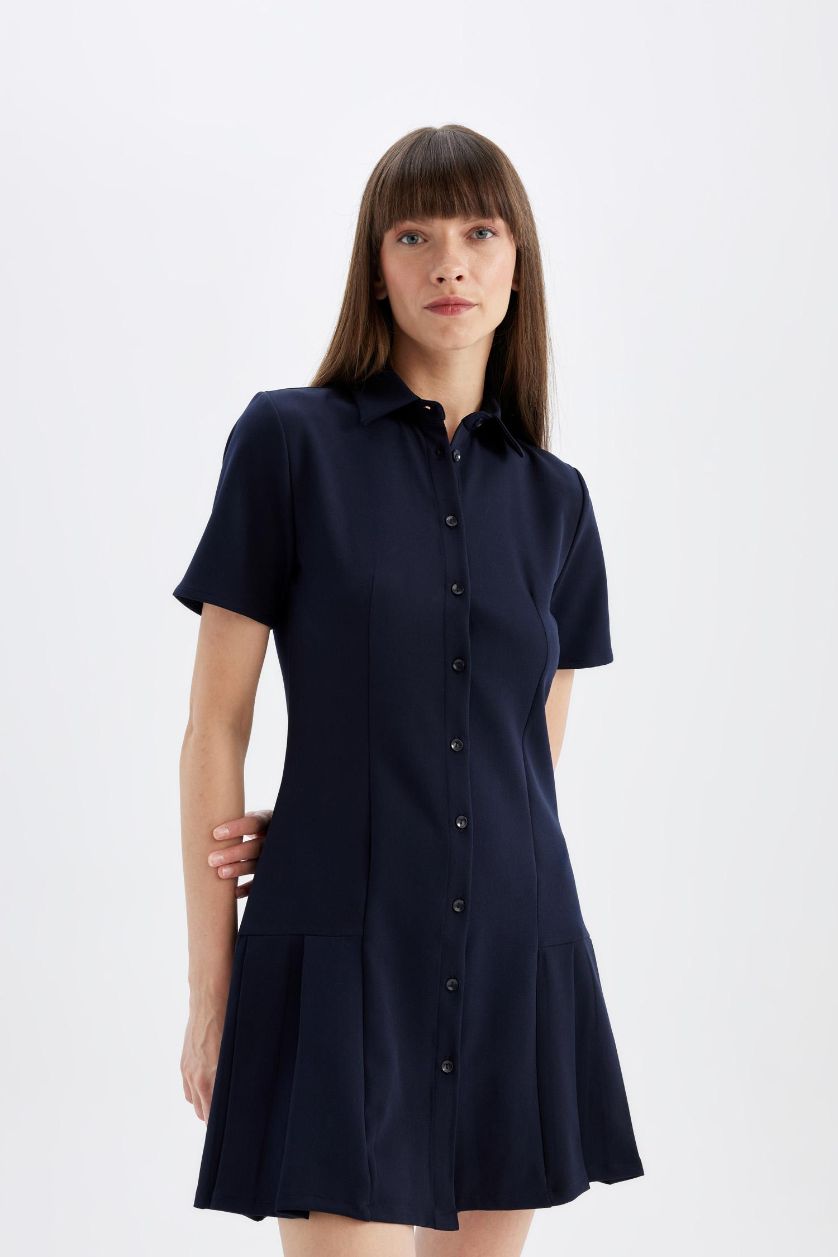 نساء كحلي فستان قصير سامبل نص كم برقبة قميص وكسرات