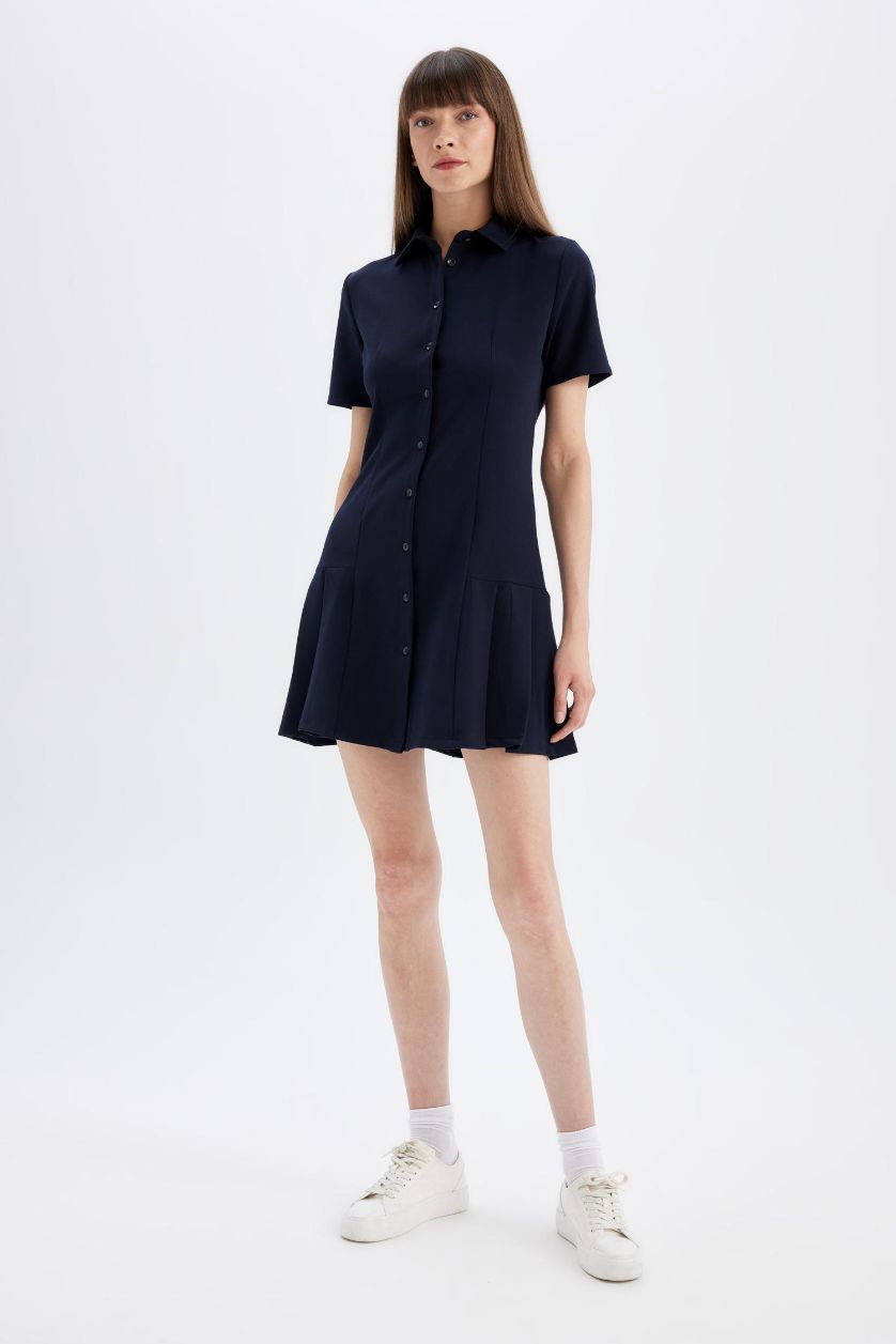 نساء كحلي فستان قصير سامبل نص كم برقبة قميص وكسرات