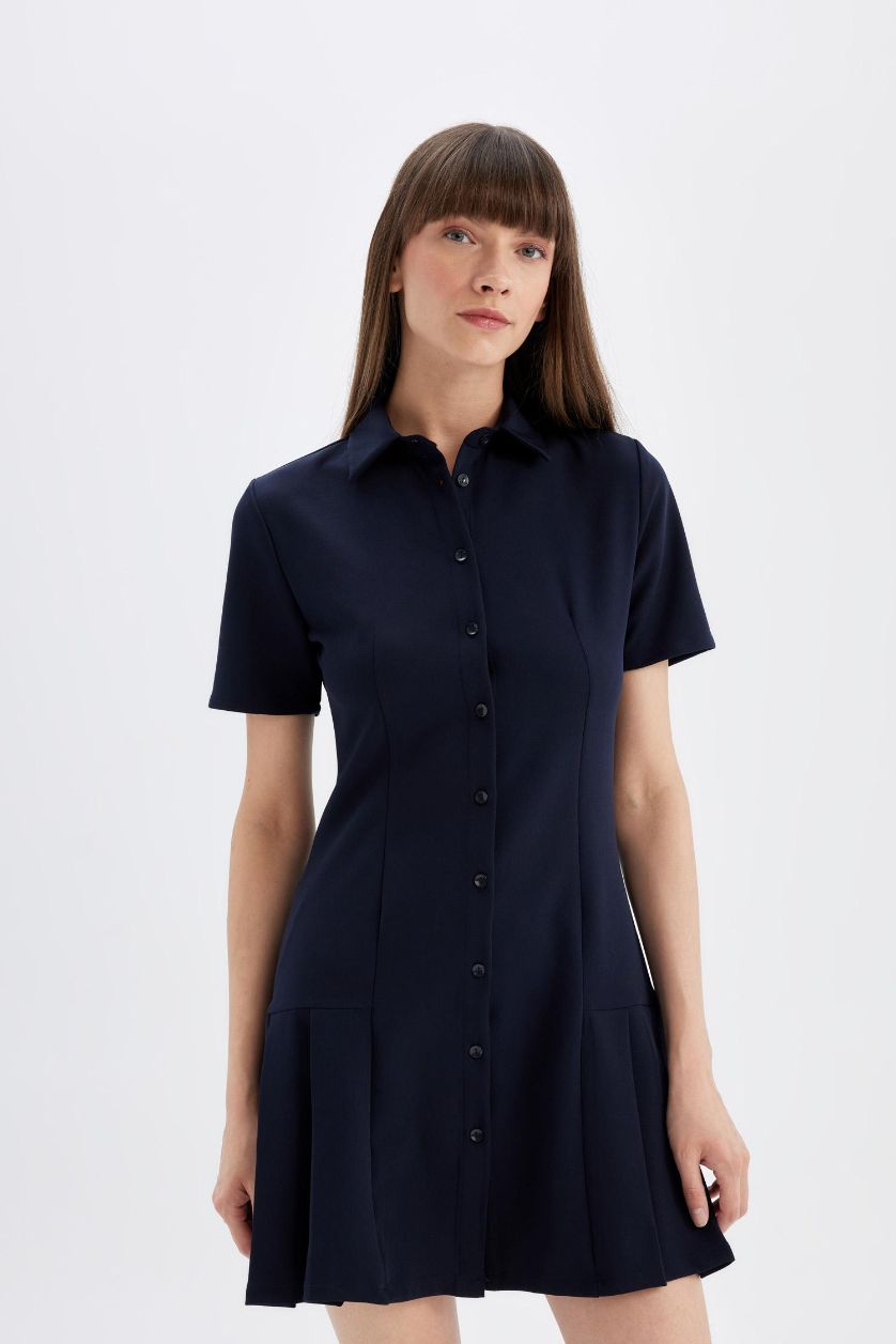 نساء كحلي فستان قصير سامبل نص كم برقبة قميص وكسرات