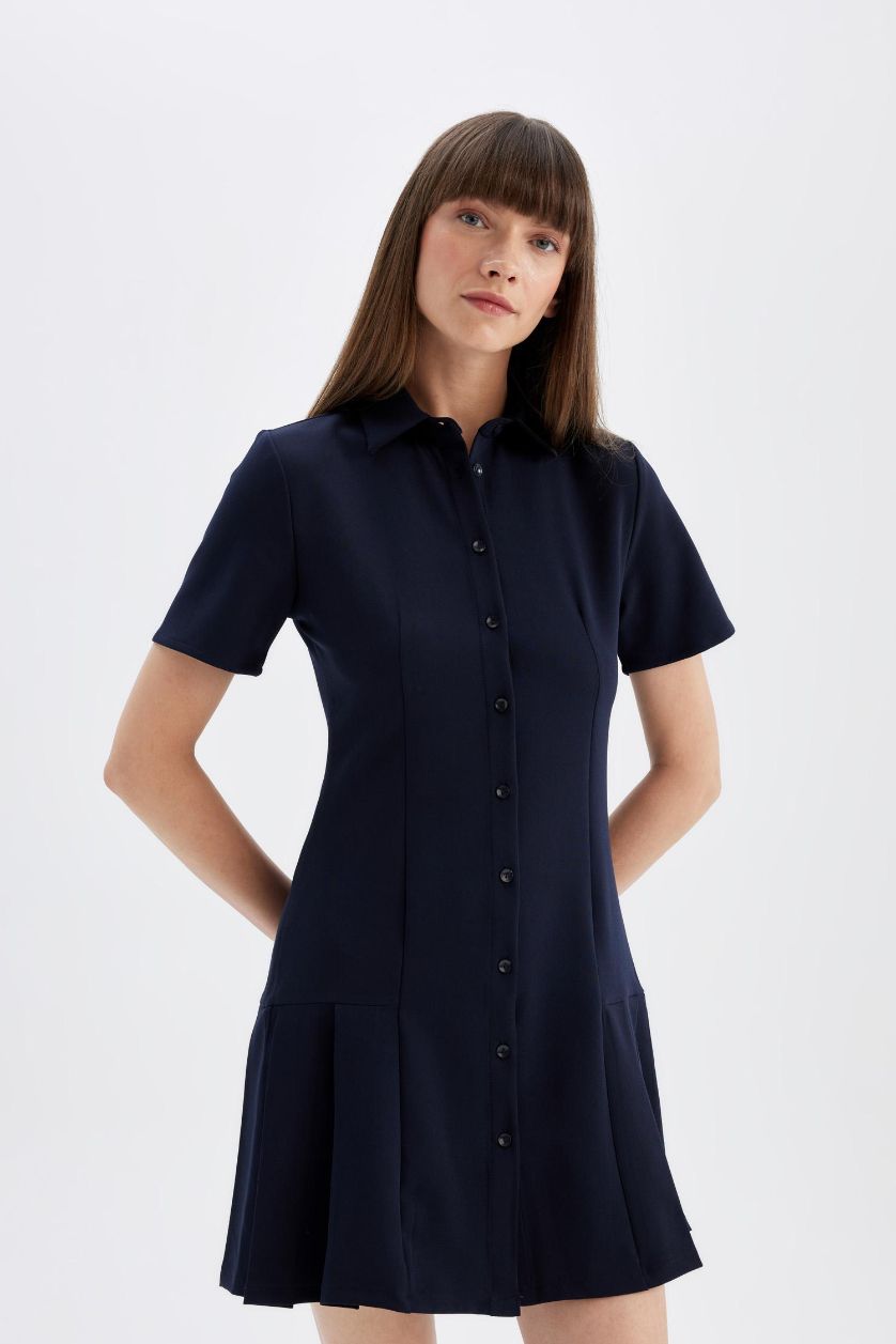 نساء كحلي فستان قصير سامبل نص كم برقبة قميص وكسرات