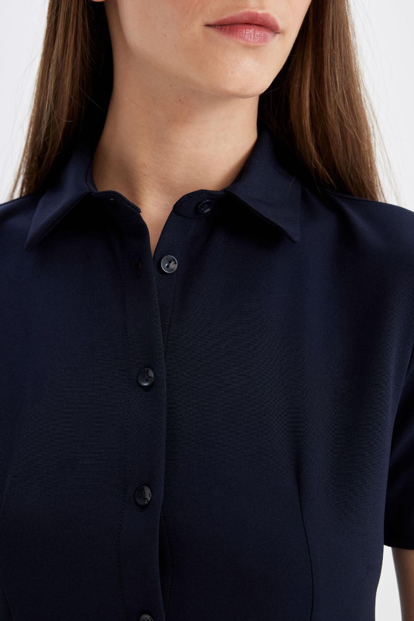 نساء كحلي فستان قصير سامبل نص كم برقبة قميص وكسرات