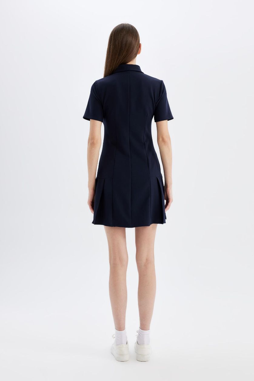 نساء كحلي فستان قصير سامبل نص كم برقبة قميص وكسرات