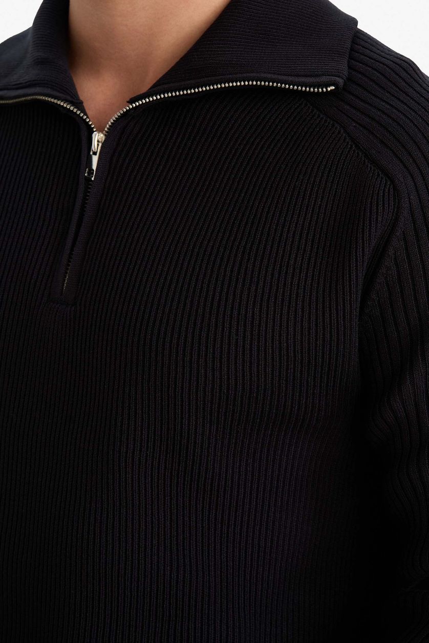 Erkek Lacivert Standart Fit Balıkçı Yaka Yarım Fermuarlı Triko Kazak