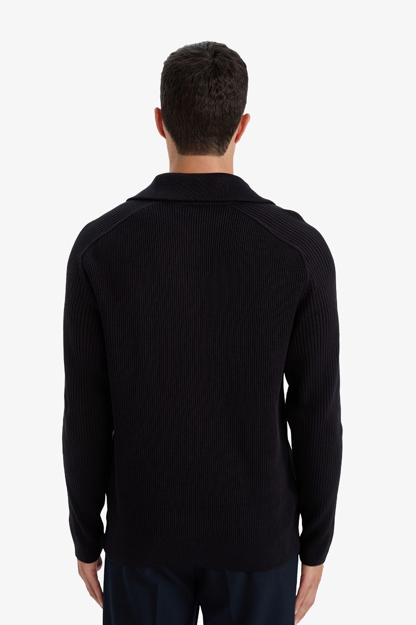 Erkek Lacivert Standart Fit Balıkçı Yaka Yarım Fermuarlı Triko Kazak