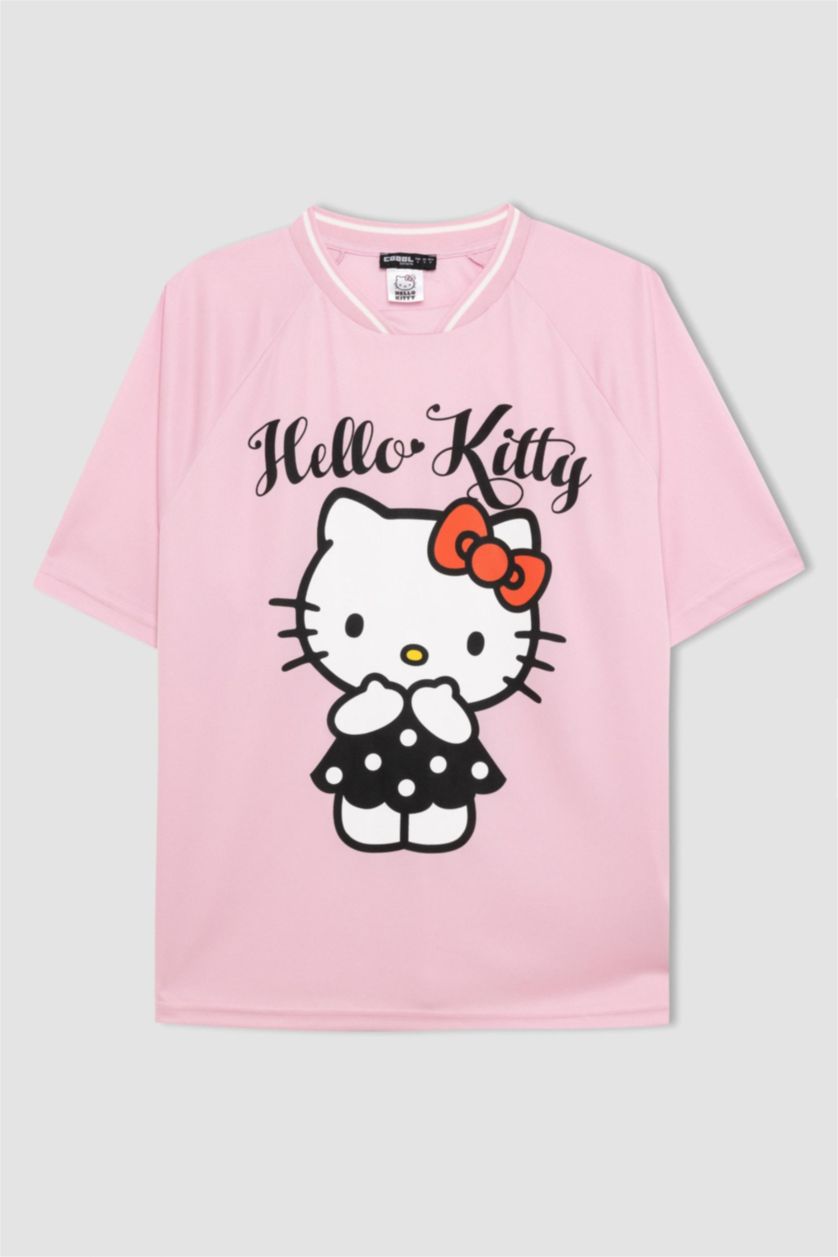Woman Pink Hello Kitty Oversize Fit V-Neck Printed T-Shirt
