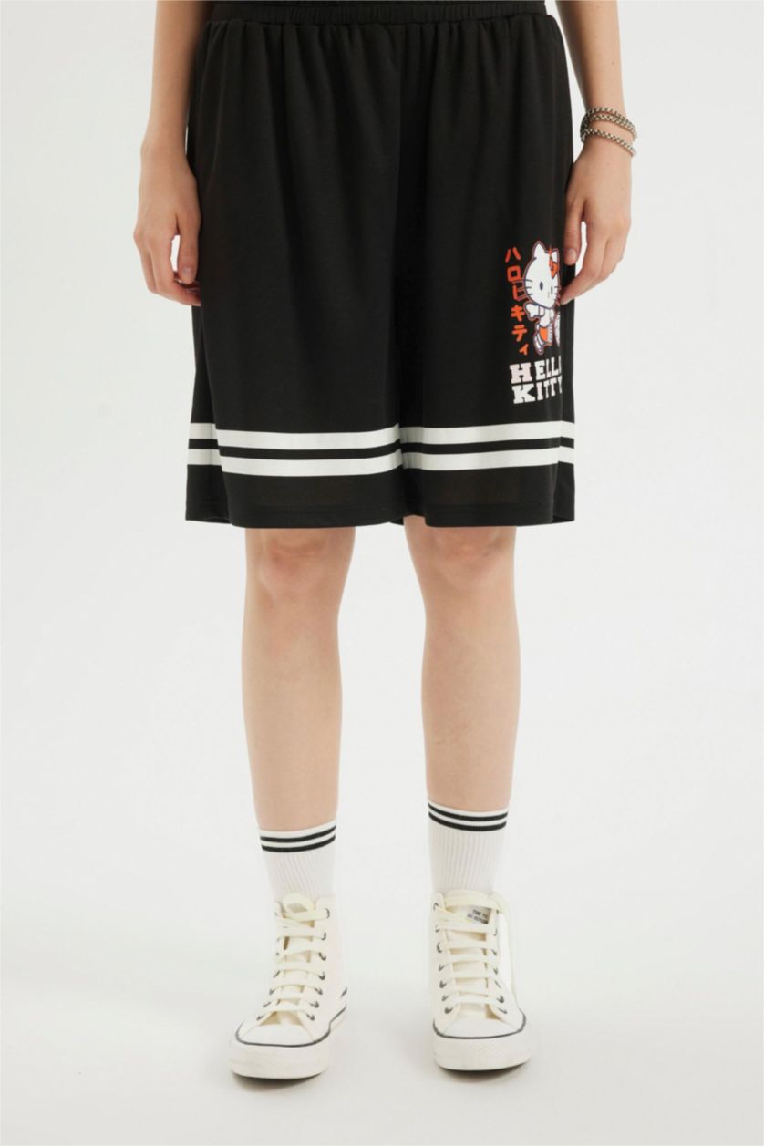 نساء أسود شورت قصة فضفاضة بطبعة شعار من هيلو كيتي