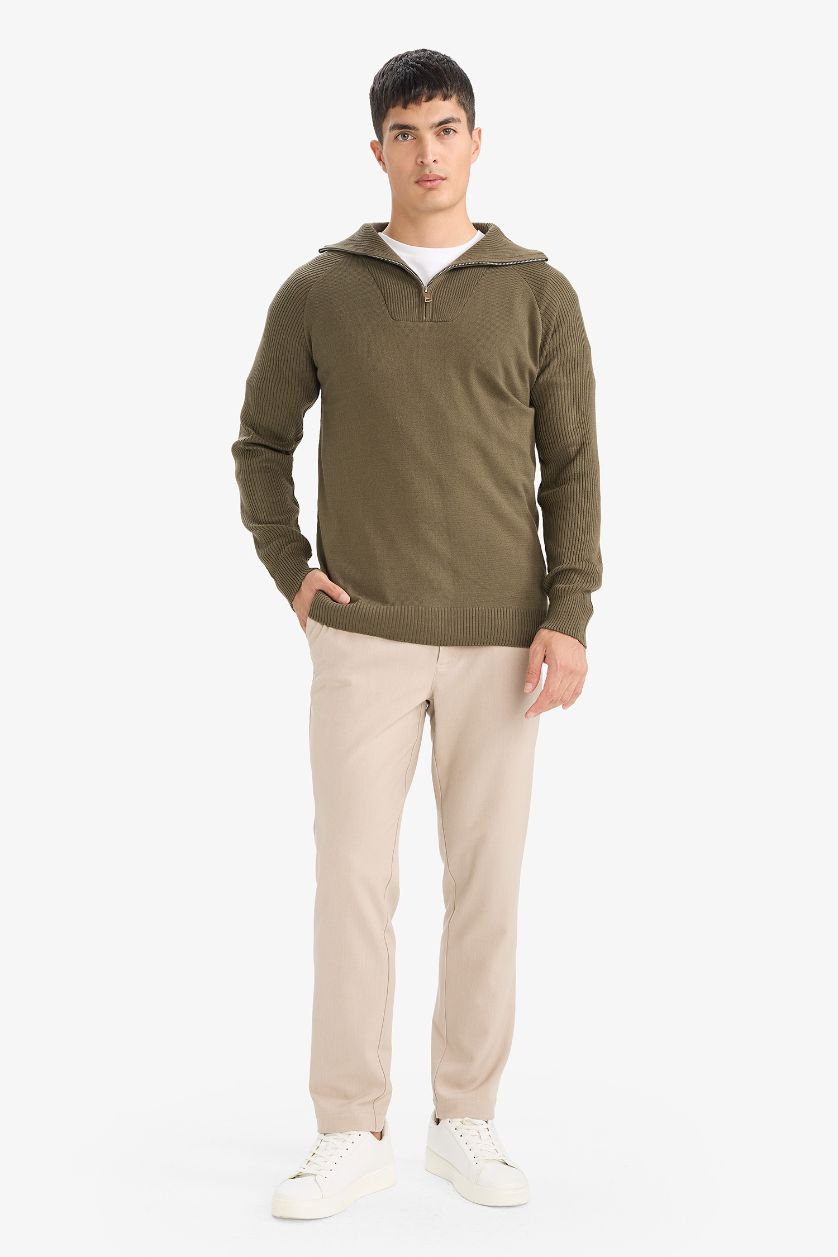 MAN Dark Khaki Boy Standard Fit Half Zipper Stand Collar Knitted Pullover