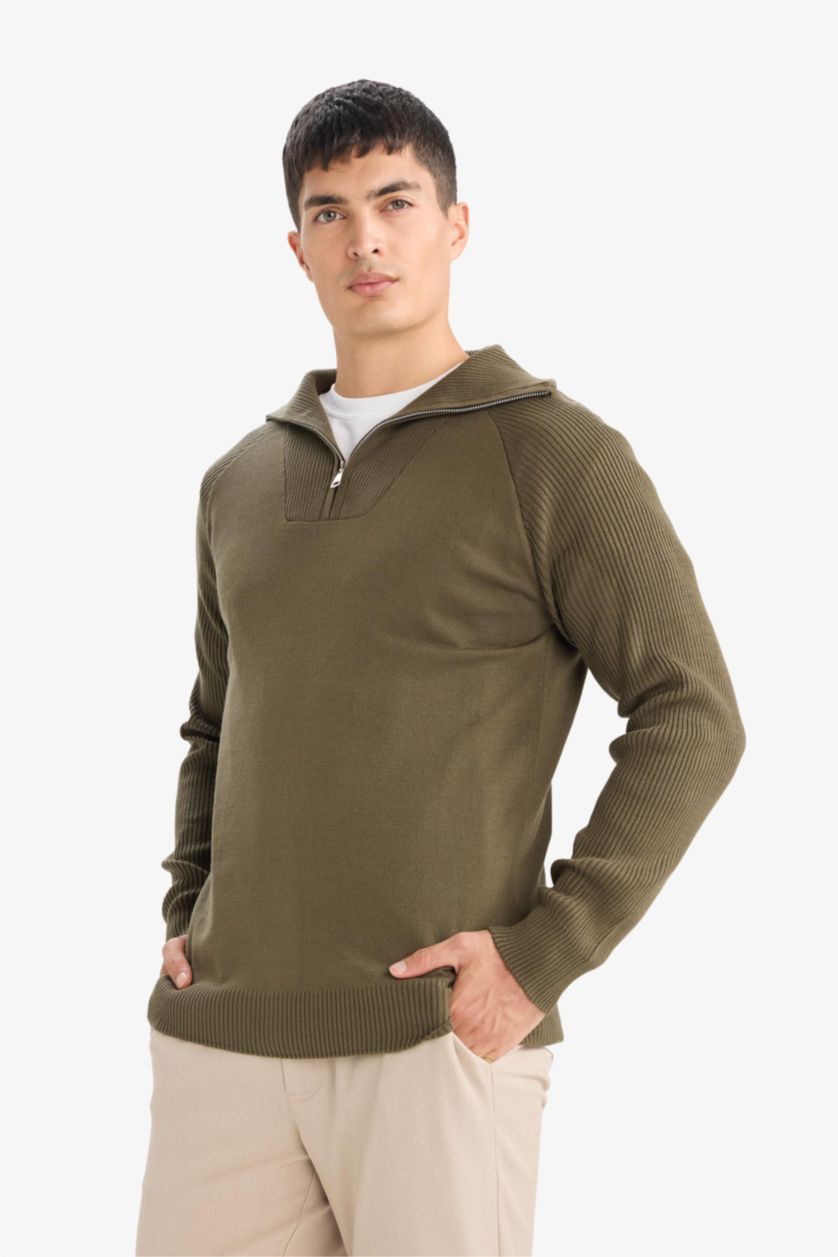 MAN Dark Khaki Boy Standard Fit Half Zipper Stand Collar Knitted Pullover
