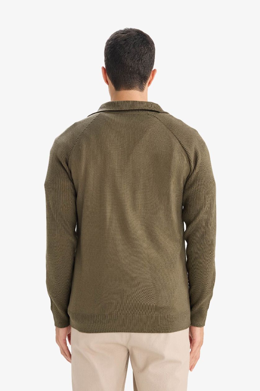 MAN Dark Khaki Boy Standard Fit Half Zipper Stand Collar Knitted Pullover
