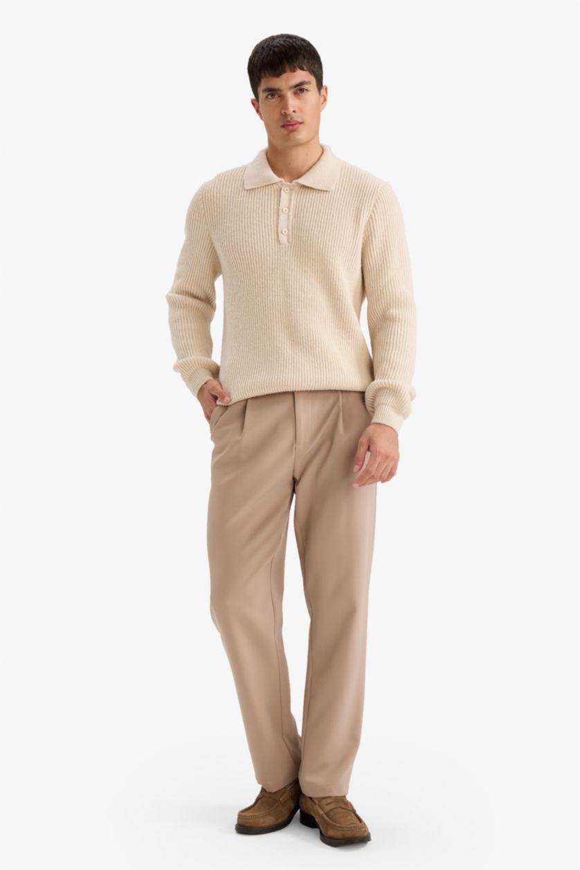 HOMME Beige Pull en maille à col polo Coupe Standard