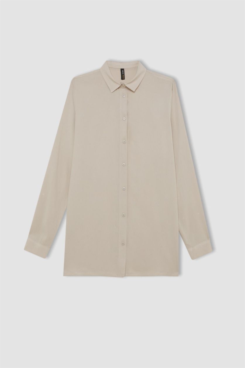 Kadın Kum Regular Fit Basic Düz Düğmeli Uzun Kollu Gömlek