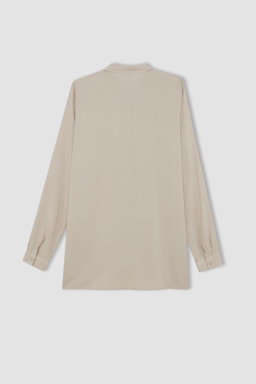 Kadın Kum Regular Fit Basic Düz Düğmeli Uzun Kollu Gömlek