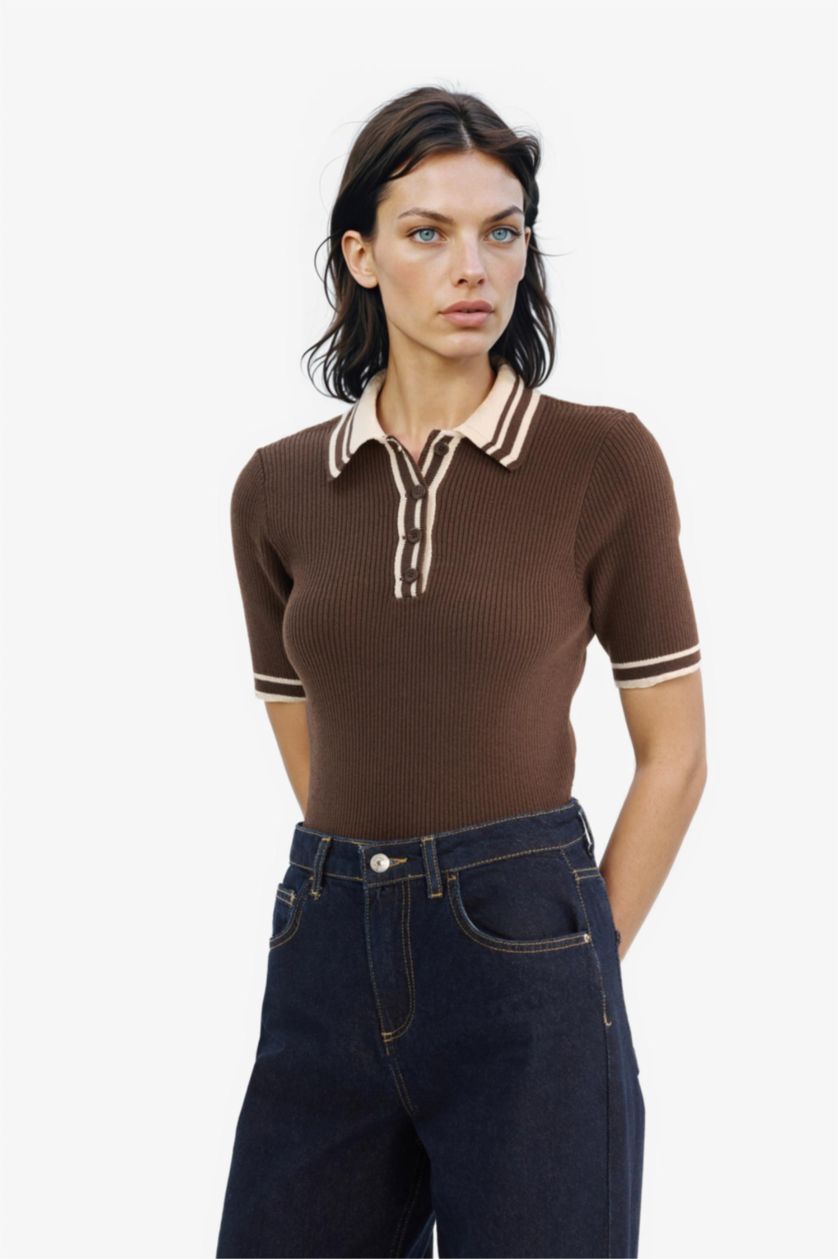 Woman Brown Regular Fit Polo Collar Ribana Pullover