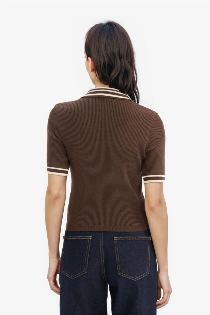 Woman Brown Regular Fit Polo Collar Ribana Pullover