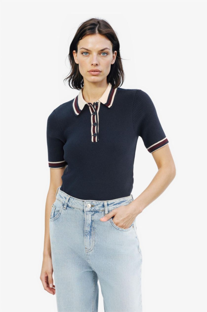 Woman NAVY Regular Fit Polo Collar Ribana Pullover