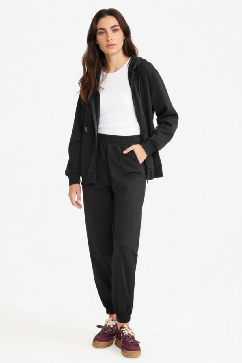 Kadın Siyah Jogger Fit Beli Lastikli Basic Düz Cepli Eşofman Altı