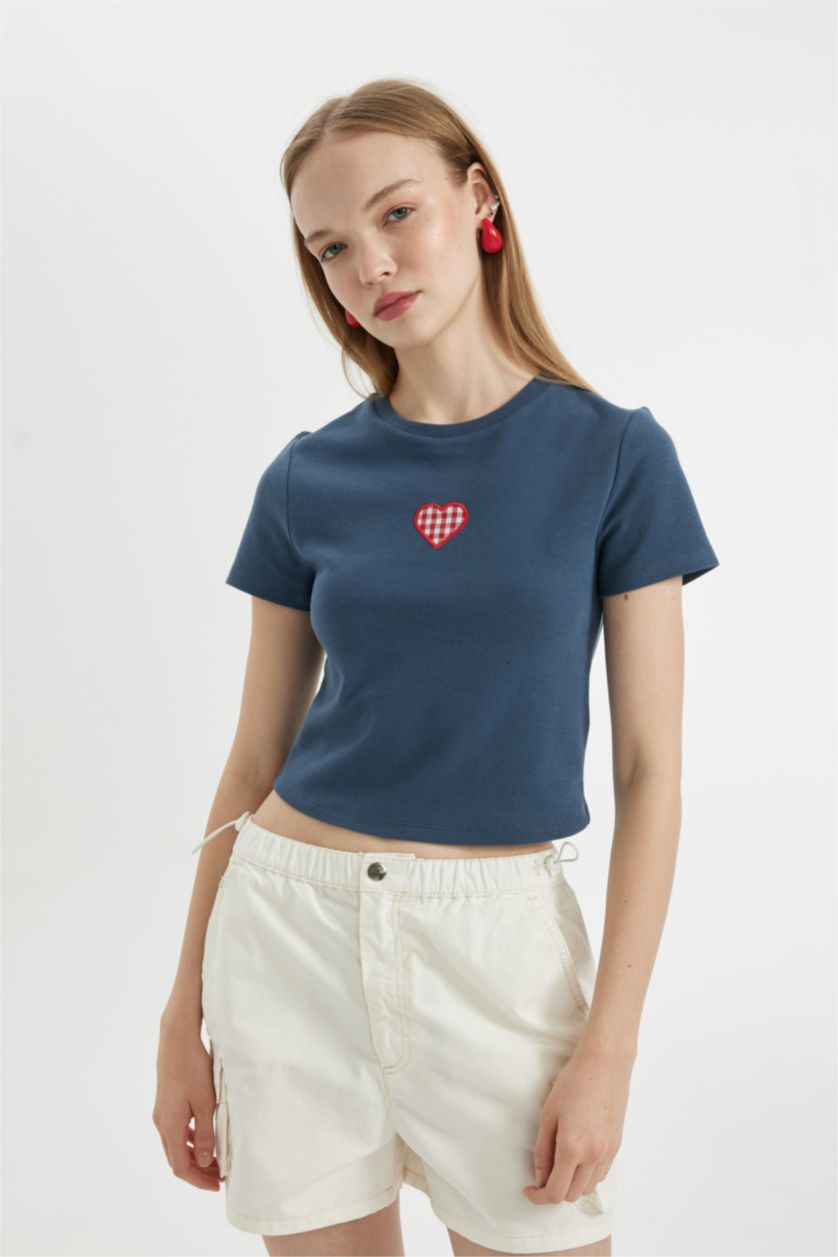 WOMAN Indigo Fitted Embroidery Print Heart Pattern Ribbed T-Shirt