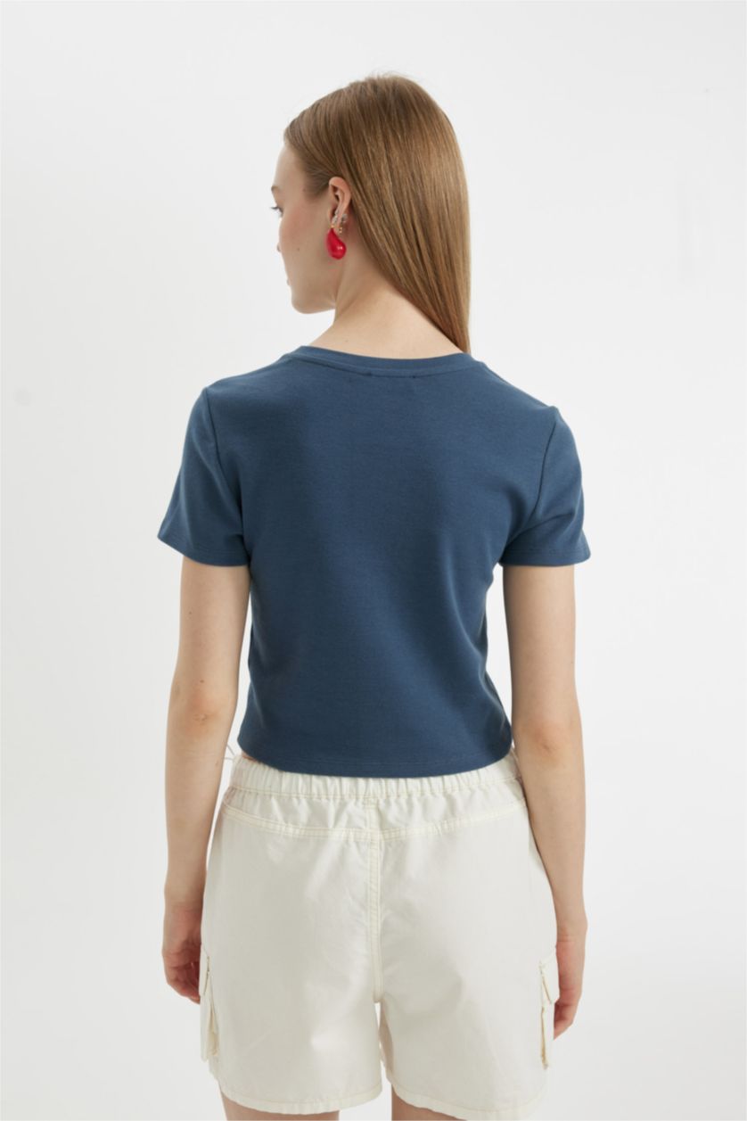 WOMAN Indigo Fitted Embroidery Print Heart Pattern Ribbed T-Shirt