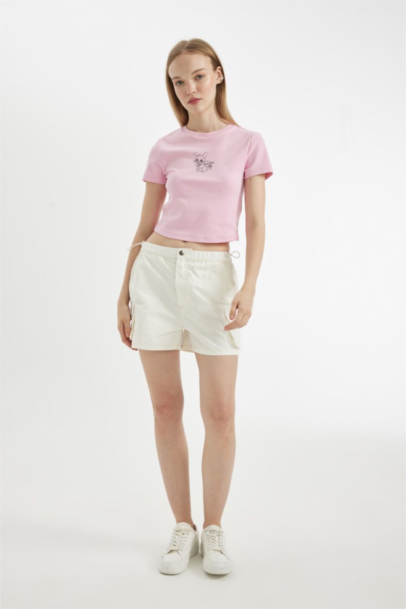WOMAN Light Pink Fitted Embroidery Print Ribbed T-Shirt