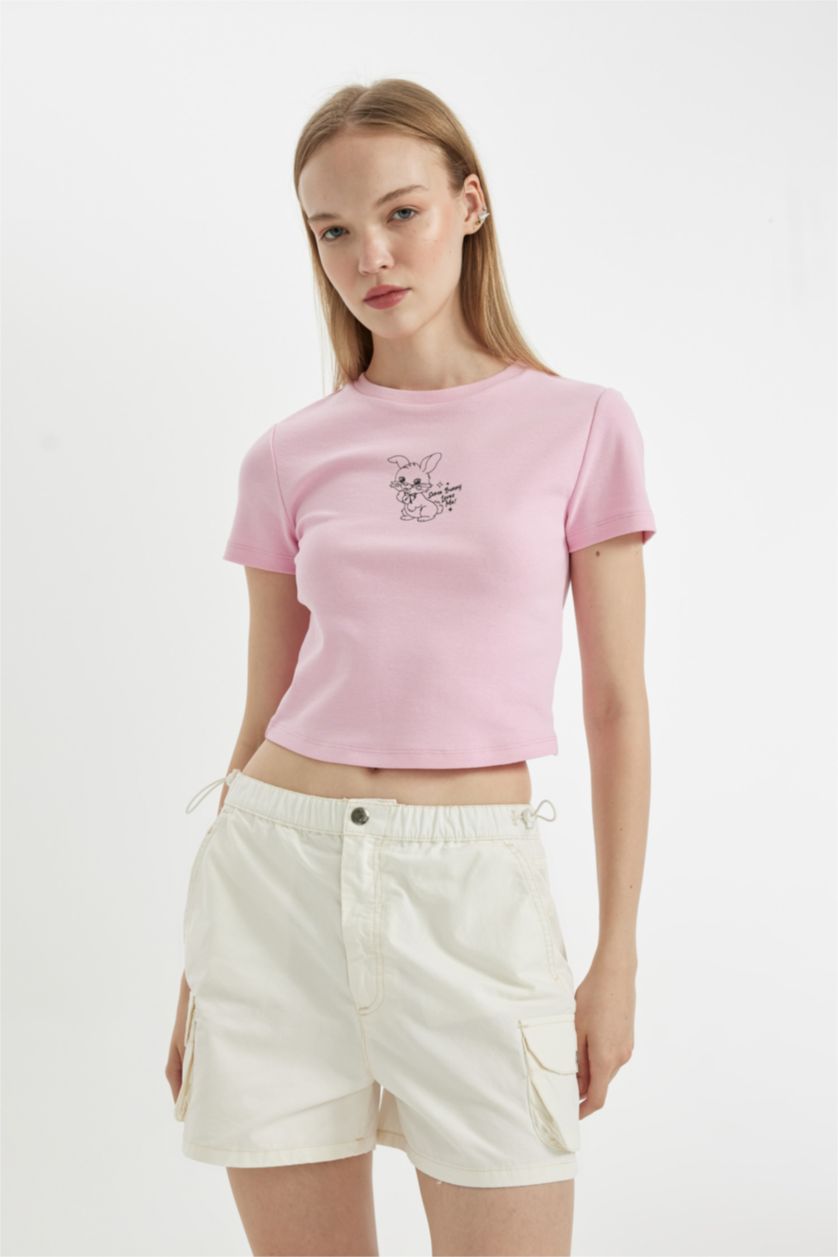 WOMAN Light Pink Fitted Embroidery Print Ribbed T-Shirt