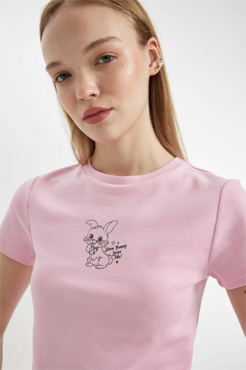 WOMAN Light Pink Fitted Embroidery Print Ribbed T-Shirt