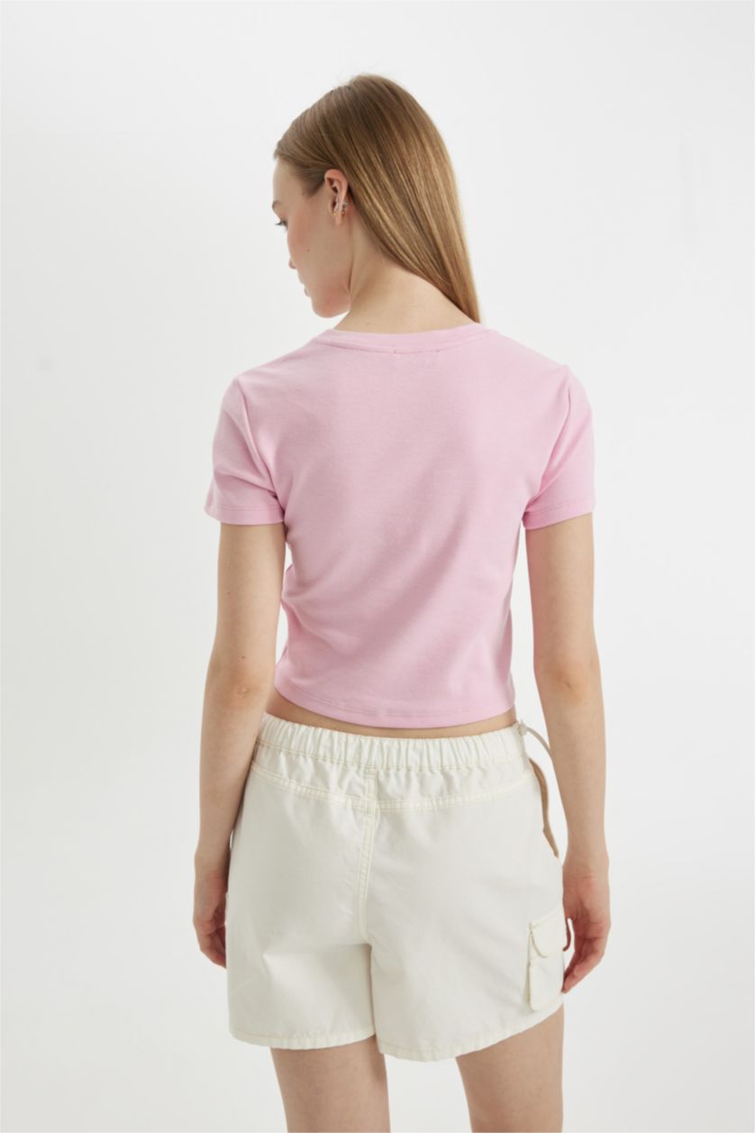 WOMAN Light Pink Fitted Embroidery Print Ribbed T-Shirt