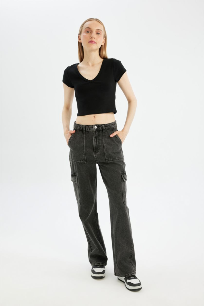 نساء أسود تيشيرت نص كم مضلع سليم فيت