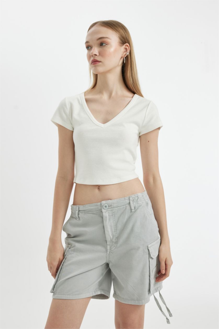 WOMAN White Fitted V Neck Ribbed Basic Short Sleeve T-Shirt