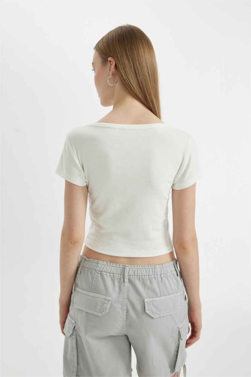 WOMAN White Fitted V Neck Ribbed Basic Short Sleeve T-Shirt