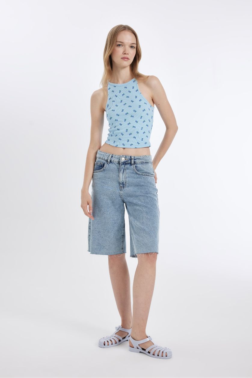 Kadın Açık Mavi Coool Fitted Halter Yaka Desenli Fitilli Kaşkorse Atlet