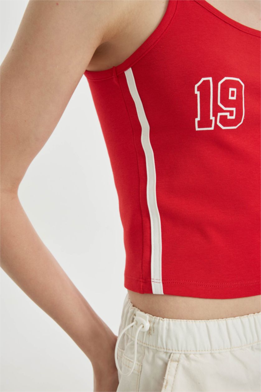 Kadın Kırmızı Fitted Spor Baskılı Ribana Atlet