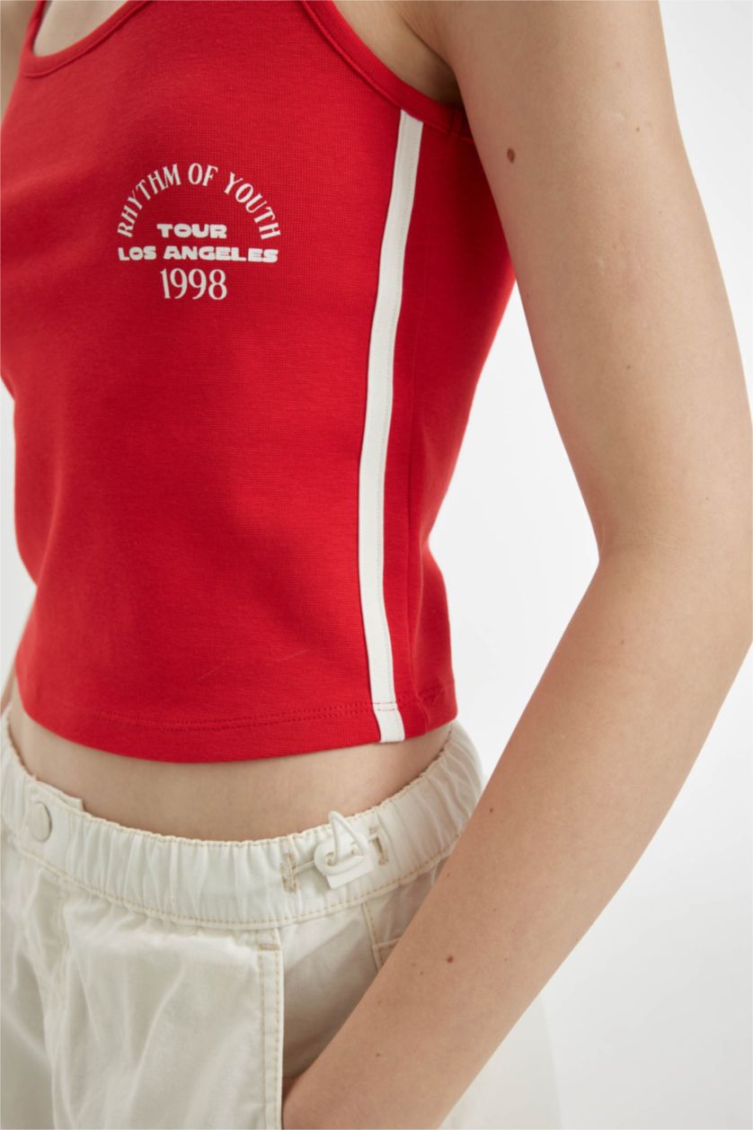 Kadın Kırmızı Fitted Spor Baskılı Ribana Atlet