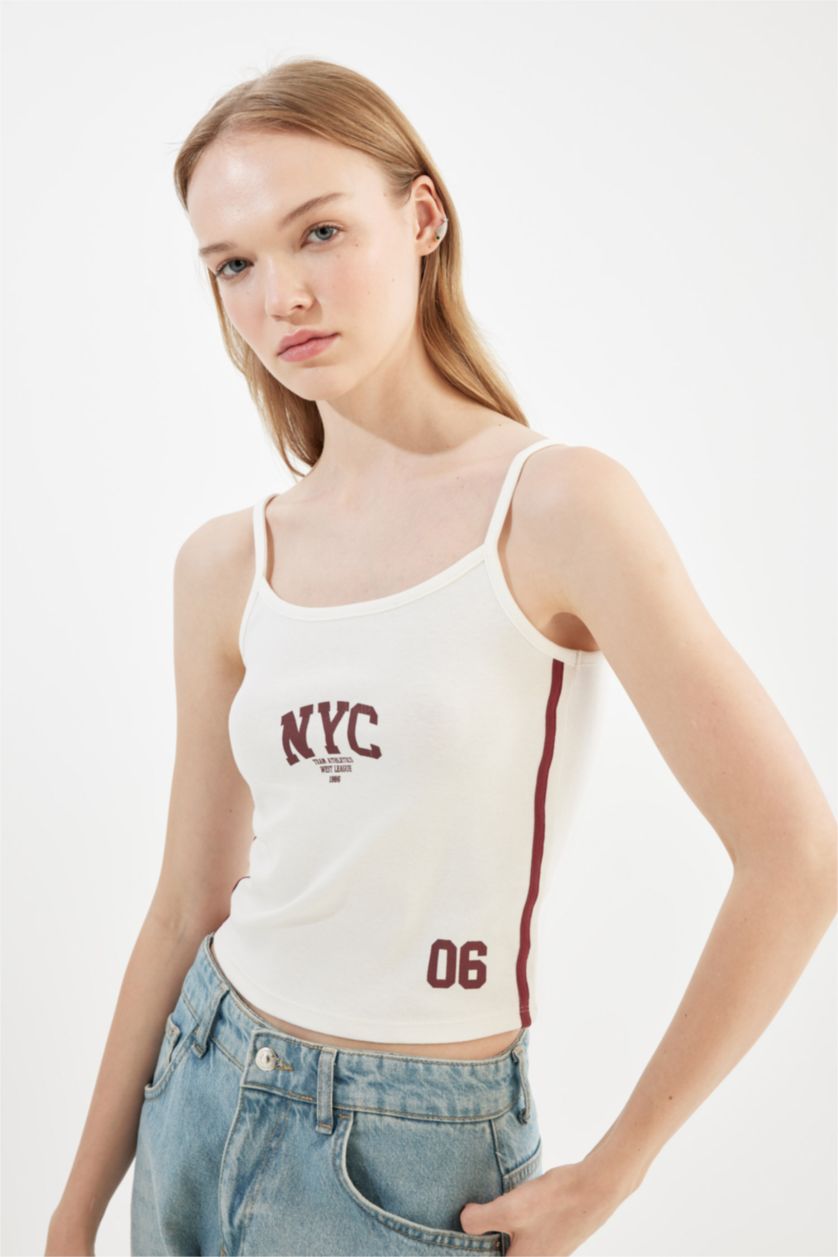 WOMAN White Fitted Printed Ribbed Tank Top